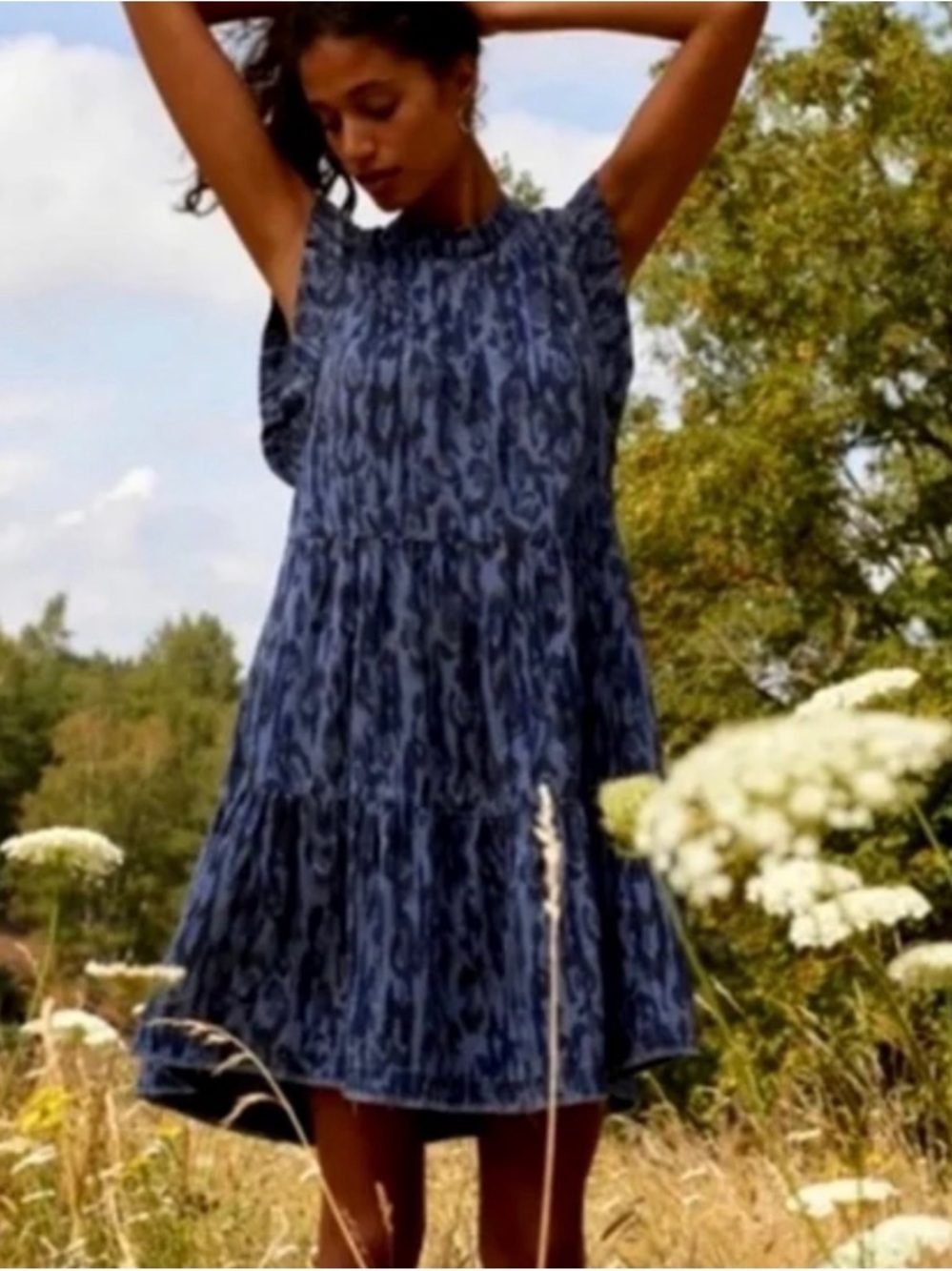 Anthropologie Jenee Tiered Animal Print Blue Pleated Dress Women’s size Medium - Picture 1 of 9